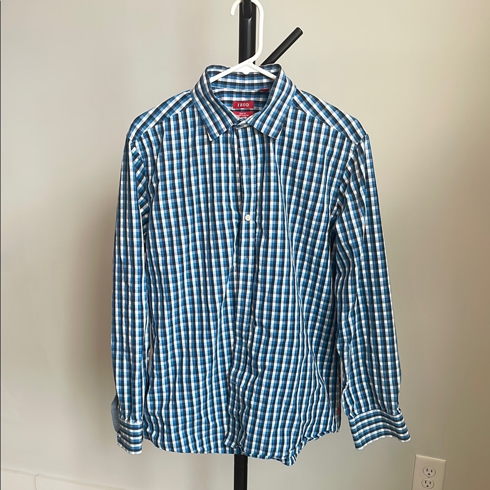 Izod Blue Gingham Casual Button Down Shirt